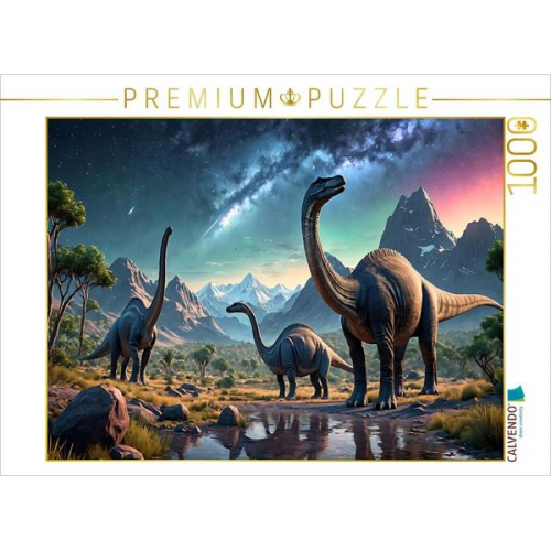 CALVENDO Puzzle Dinosaurier unter urzeitlichem Sternenhimmel | 1000 Teile Lege-Größe 64x48cm Foto-Puzzle für glückliche Stunden