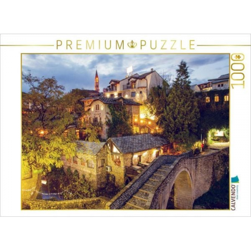 CALVENDO Puzzle Mostar- Blick über die kleine alte Bogenbrücke aus Stein | 1000 Teile Lege-Größe 64x48cm Foto-Puzzle für glückliche Stunden