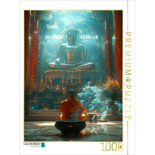 CALVENDO Puzzle Buddhistischer Tempel mit Mönch | 1000 Teile Lege-Größe 64x48cm Foto-Puzzle für glückliche Stunden