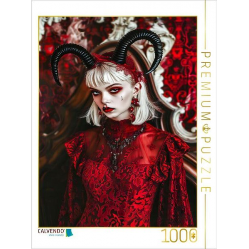 CALVENDO Puzzle Dame mit Teufelshörnern im roten Samtkleid. Gothic Szene | 1000 Teile Lege-Größe 64x48cm Foto-Puzzle für glückliche Stunden