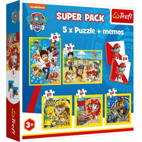 5 in 1 Puzzle + Memo – Paw Patrol 20, 30, 36, 48, 50 Teile + Memo 2x12 Tafeln