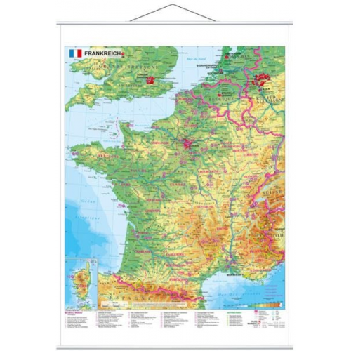 Heinrich Stiefel - Frankreich physisch 1 : 1.500 000. Wandkarte mit Metallbeleistung