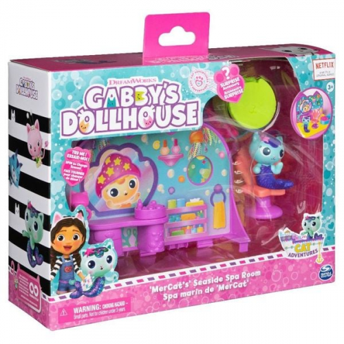 Gabby's Dollhouse Deluxe Room Spielset, Wellness Raum mit Meerkätzchen (engl. MerCat), Möbelstücken und thematischem Zubehör