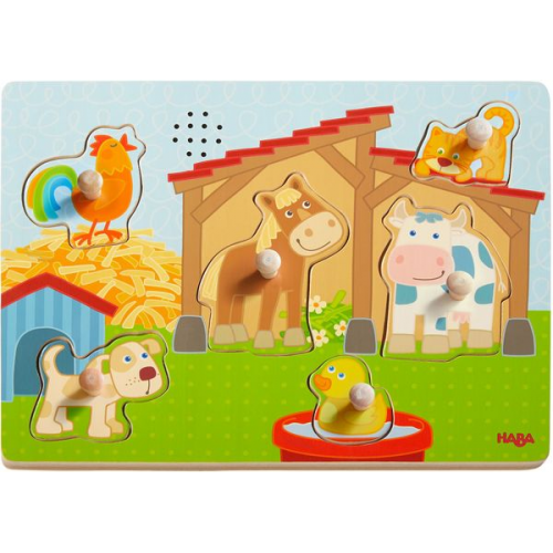 HABA 303179 - Sound-Greifpuzzle, Auf dem Land, Bauernhof, Holzpuzzle mit Tierstimmen, Kinderpuzzle