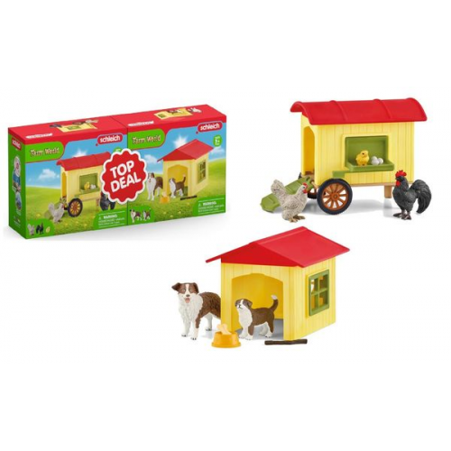 Schleich 72241 - Farm World, 2-in-1, Hühnerstall + Hundehütte mit Tiere, Bauernhof-Spielset