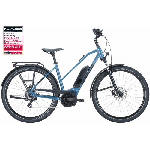 Pegasus Solero E8 Sport Performance (545 Wh), 8 Gang Kettenschaltung, Damenfahrrad, Trapez, Modell 2024, 28 Zoll 50 cm pro blue