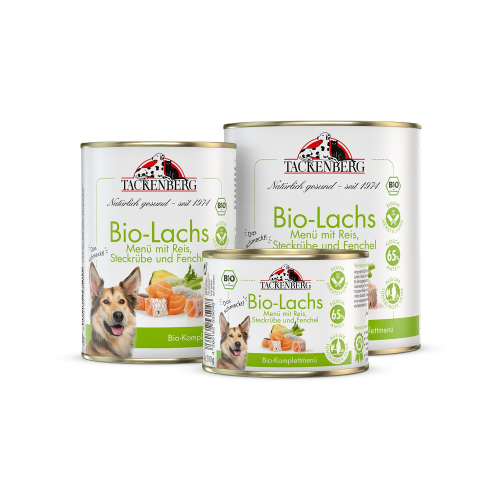 Bio Dosen Menü mit Lachs & Reis für Hunde  - 400 g - Premiumqualität von Tackenberg