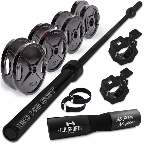 C.P. SPORTS 120kg BLACK EDITION Olympia Starter Set 50mm | 220cm/20kg Langhantel + Scheiben Paare 20kg/15kg/10kg/5kg &ndash; Guss + Zubehör: Verschlüsse, Nackenpolster