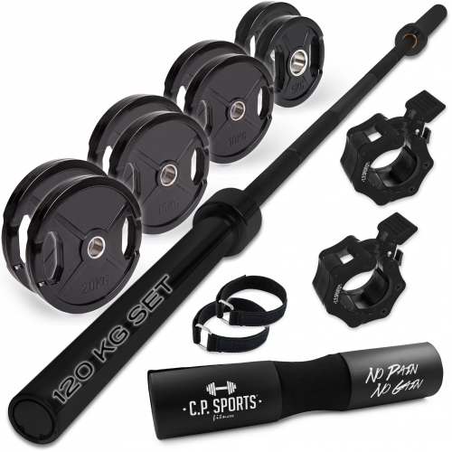 C.P. SPORTS 120kg BLACK EDITION Olympia Starter Set 50mm | 220cm/20kg Langhantel + Scheiben Paare 20kg/15kg/10kg/5kg &ndash; Gummiert + Zubehör: Verschlüsse, Nackenpolster