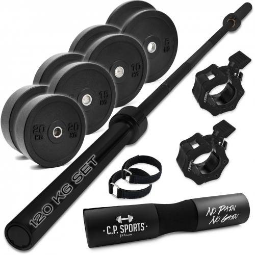 C.P. SPORTS 120kg BLACK EDITION Olympia Starter Set 50mm | 220cm/20kg Langhantel + Scheiben Paare 20kg/15kg/10kg/5kg &ndash; Vollgummi + Zubehör: Verschlüsse, Nackenpolster, Bandagen, Griffpolster