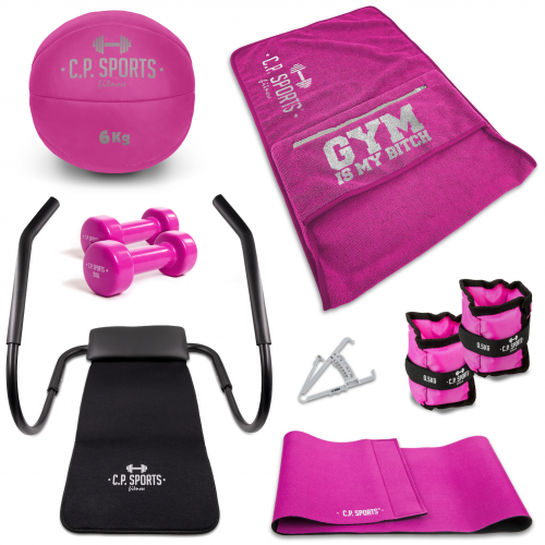 C.P. SPORTS Lady Fitness Set | Bauchtrainer &ndash; Gymnastikhanteln &ndash; Medizinball &ndash; Gewichtsmanschetten &ndash; Bauchweggürtel &ndash; Körperfettmessgerät &ndash; Fitnesshandtuch | Home Gym Training Workout Set für Frauen