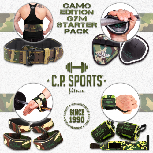 Camo Edition Gym Starter Pack CAMO GREEN &ndash; Gewichthebergürtel (S = 64 - 84cm) + Zughilfen + Handgelenkbandage + Power Grips