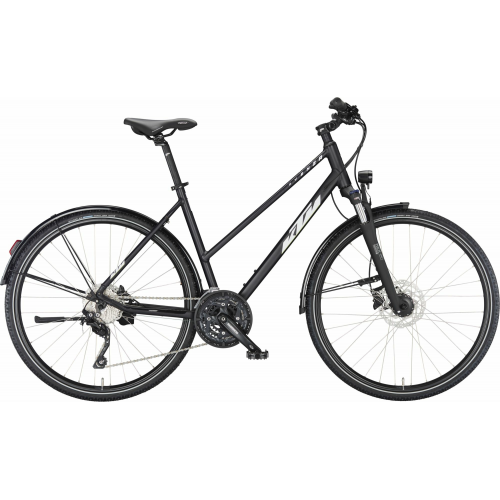 KTM AVENZA CROSS ST, 30 Gang Kettenschaltung, Damenfahrrad, Trapez, Modell 2024, 28 Zoll 46 cm black matt (white+green)