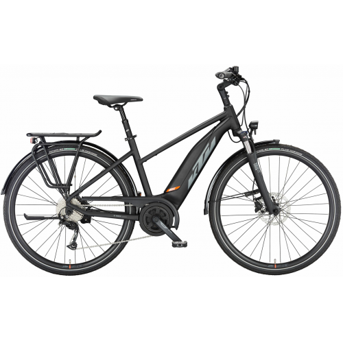 KTM MACINA FUN A510 (500 Wh), 9 Gang Kettenschaltung, Damenfahrrad, Trapez, Modell 2024, 28 Zoll 46 cm black matt (grey+orange)