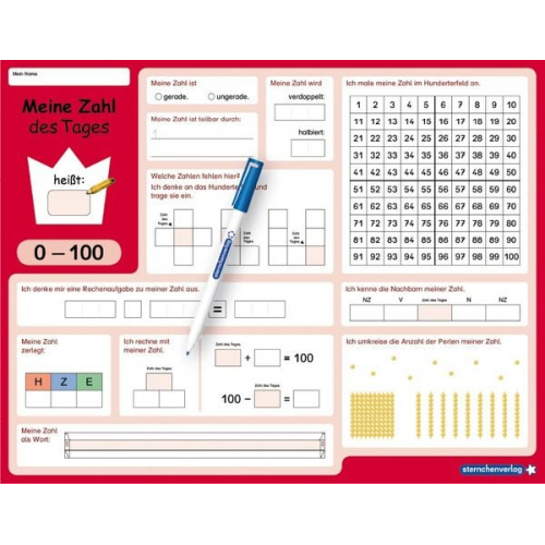 Sternchenverlag GmbH Katrin Langhans - Meine Zahl des Tages 0-100 - wiederbeschreibbare Lerntafel mit Stift - Mathematik