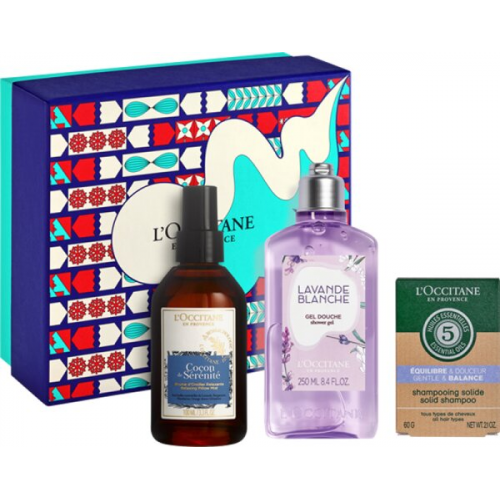 L'Occitane Geschenkset Xmas 23 = Entspannender Kopfkissennebel 100 ml + White Lavender Dusch gel 250 ml + Sanfte Balance Festes Shampoo 60 g 3 Artikel im Set