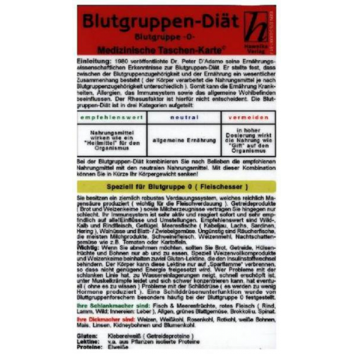 Blutgruppen-Diät - Blutgruppe 0 - Medizinische Taschen-Karte