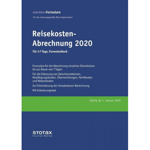 Reisekosten-Abrechnung 2020, für 1-7 Tage, Formularblock