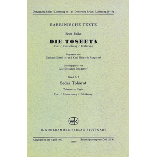 Gerhard Lisowsky & Günter Mayer & Karl Heinrich Rengstorf & Emanuel Schereschewsky - Rabbinische Texte, Erste Reihe: Die Tosefta. Band VI: Seder Toharot