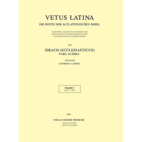 Vetus Latina. Die Reste der altlateinischen Bibel. Nach Petrus Sabatier / Sirach (Ecclesiasticus)