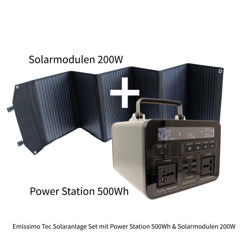 Emissimo Tec Starter Set Mobiler Strom für den Notfall:  Steckdose 500Wh + 100W Solar Panel