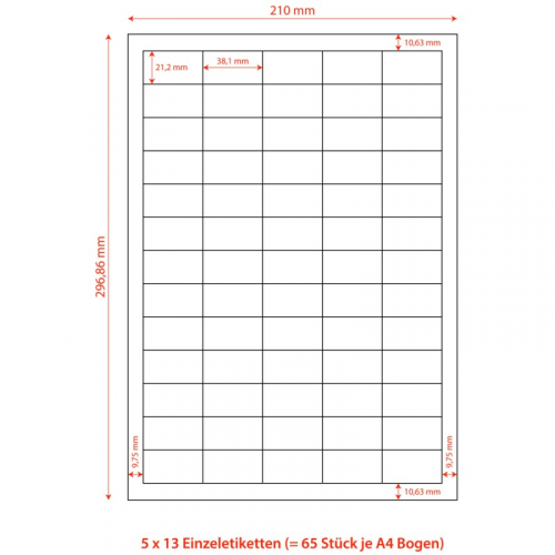 Etiketten Labels selbstklebend weiß 38 x 21.2mm auf DIN A4, 6500 Stk.