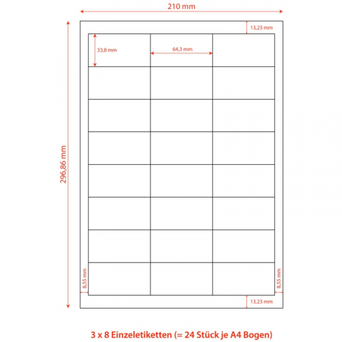 Etiketten Labels selbstklebend weiß 64.6 x 33.8mm auf DIN A4, 2400 Stk.