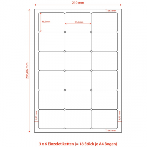 Etiketten Labels selbstklebend weiß 63.5 x 46.6mm auf DIN A4, 1800 Stk.