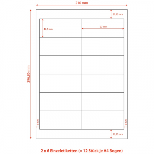 Etiketten Labels selbstklebend weiß 97 x 42.3mm auf DIN A4, 1200 Stk.