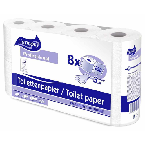 Toilettenpapier 3-lagig Harmony Professional 250 Blatt FSCR-zertifiziert, 8 Stk.