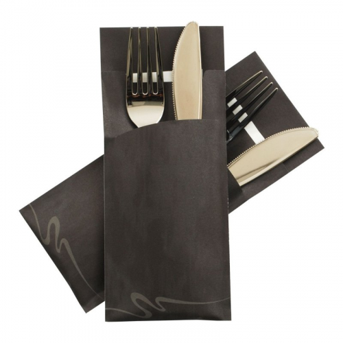 Pochetto Bestecktaschen 200x85mm marmor schwarz inkl. Serviette weiß, 520 Stk.