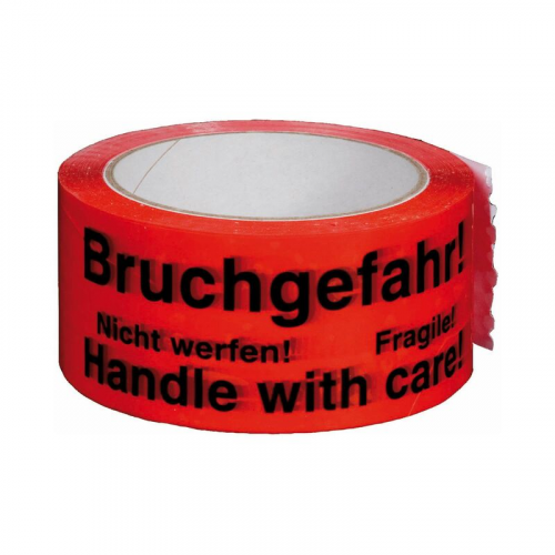 Packband Klebeband, 50mmx66m, rot mit mehrsprachigen Aufdruck BRUCHGEFAHR