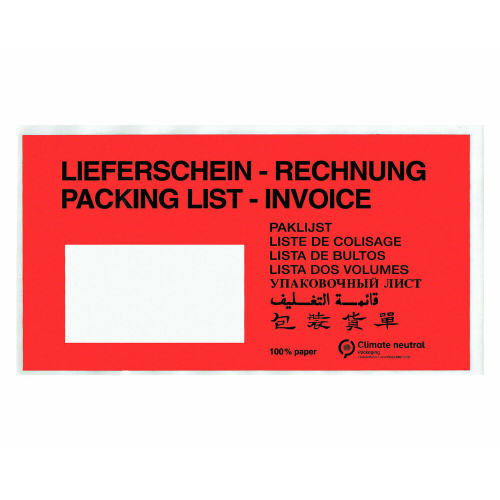 Dokumententaschen aus Pergamin Papier Lieferschein/Rechnung rot DIN-Lang,  100 Stk.