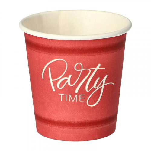 Pappbecher 5 cl rot 'Party Time' mit Biokunststoff PLA beschichtet, 50 Stk.