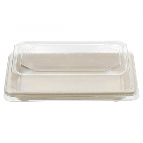 Sushi Tray aus Zuckerrohr mit klarem PET-Deckel 16,5 x 11,5 x 2,1 cm, 50 Stk.