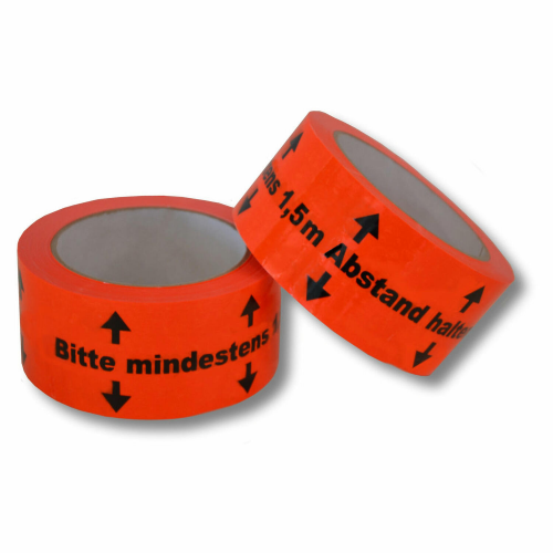 Warnklebeband "Bitte mind. 1,5m Abstand halten" PVC NKK geräuscharm 50mm x 66m