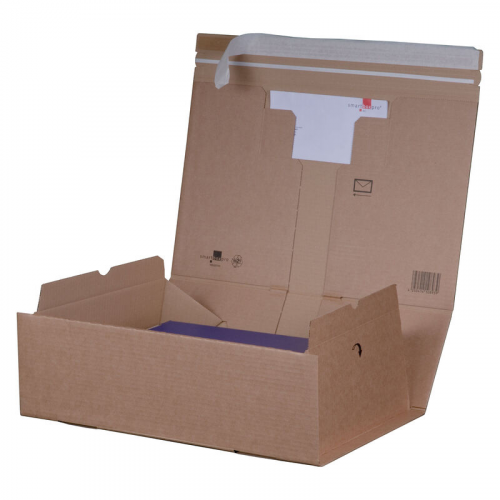 Versandkarton 215x155x40mm PACKBOX mit Selbstklebeverschluss & Aufreißfaden braun für A5+