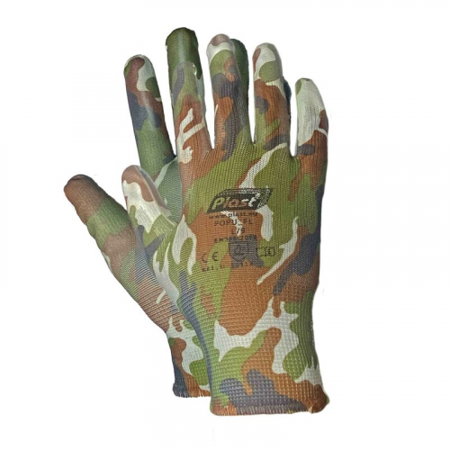 Arbeitshandschuhe, Montagehandschuhe Polyester - Polyurethan Größe L-9, camouflage, 12 Paar