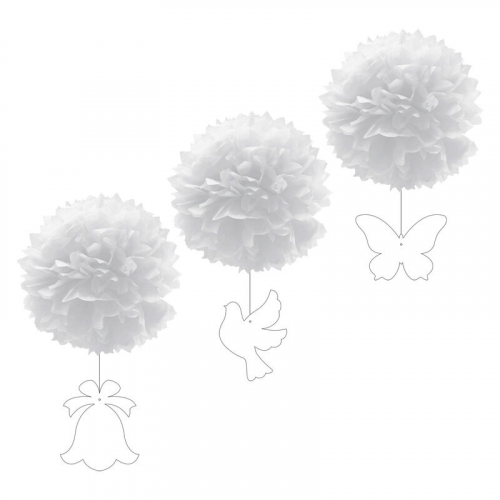 Pompons mit Figuren aus Papier schwer entflammbar weiß O30cm, 3 Stk.