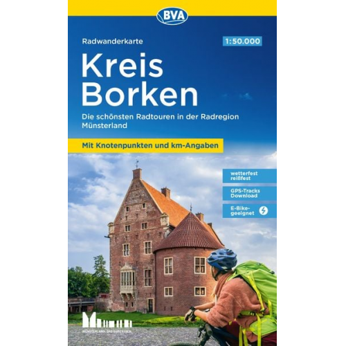 Radwanderkarte BVA Kreis Borken mit Knotenpunkten und km-Angaben, 1:50.000, reiß- und wetterfest, GPS-Tracks Download, E-Bike-geeignet