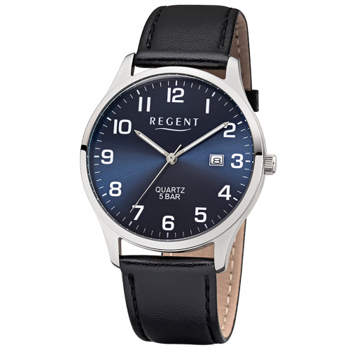 Regent F-1240 Herren-Armbanduhr mit Lederband Schwarz/Blau