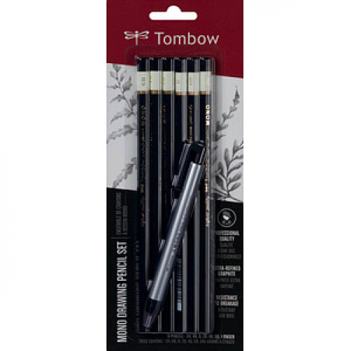 Tombow Mono Bleistift-Set B, HB, 2H, 2B, 4B, 6B schwarz/weiß mit Radierer, 1 Set