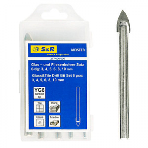 S&R Bohrer-Set, sechs Bohrer in den gängigen Größen: 3 mm, 4 mm, 5 mm, 6 mm, 8 mm und 10 mm