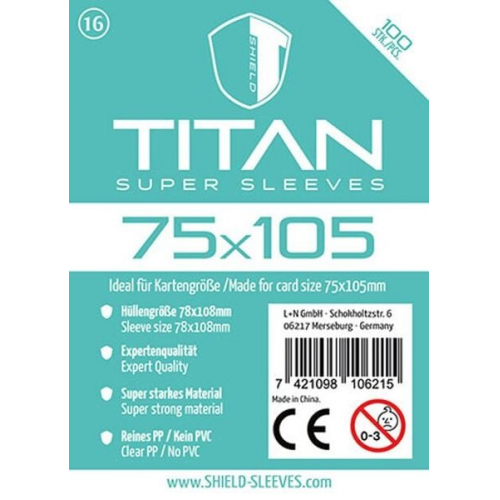 Shield Sleeves 1028506 - Shield Titan 16, 100 Super Sleeves für Kartengröße 75 x 105 mm, Spielkarten-Schutzhüllen