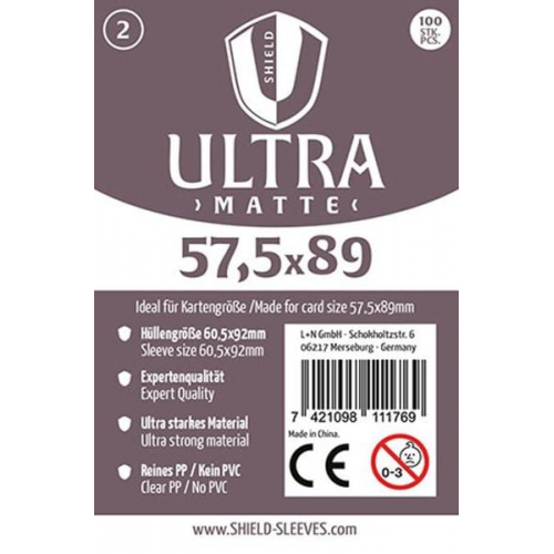 Shield Sleeves 1027375 - Shield Ultra Matte 2, 100 Super Sleeves für Kartengröße 57,5 x 89 mm, Spielkarten-Schutzhüllen