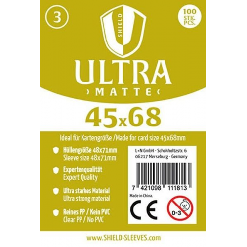 Shield Sleeves 1027371 - Shield Ultra Matte 3, 100 Super Sleeves für Kartengröße 45 x 68 mm, Spielkarten-Schutzhüllen