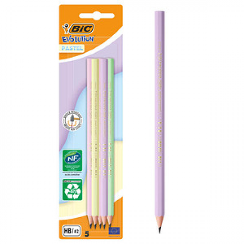 BIC EVOLUTION PASTEL Bleistifte HB 2x lila, grün, gelb, rosa, 5 St.