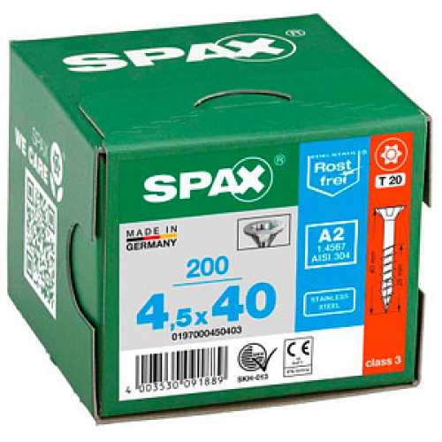 SPAX® Universalschrauben T20 Senkkopf Edelstahl A2 4,5 mm x 40 mm, 200 St.