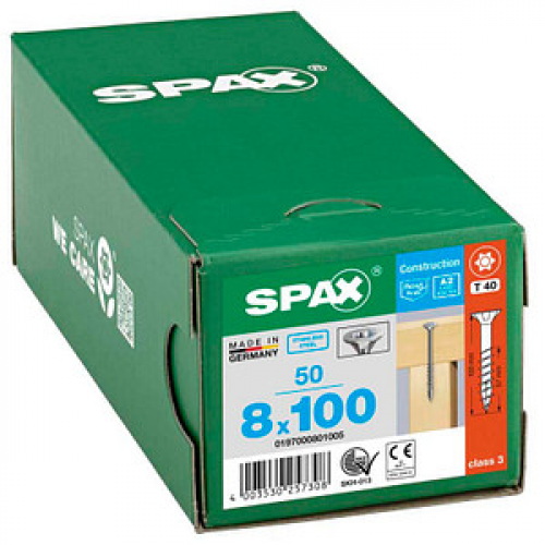 SPAX® Universalschrauben T40 Senkkopf Edelstahl A2 8 mm x 100 mm, 50 St.