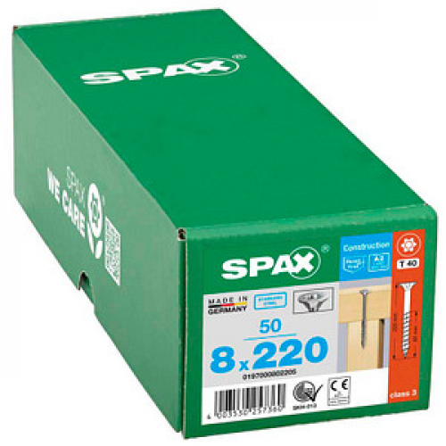 SPAX® Universalschrauben T40 Senkkopf Edelstahl A2 8 mm x 220 mm, 50 St.